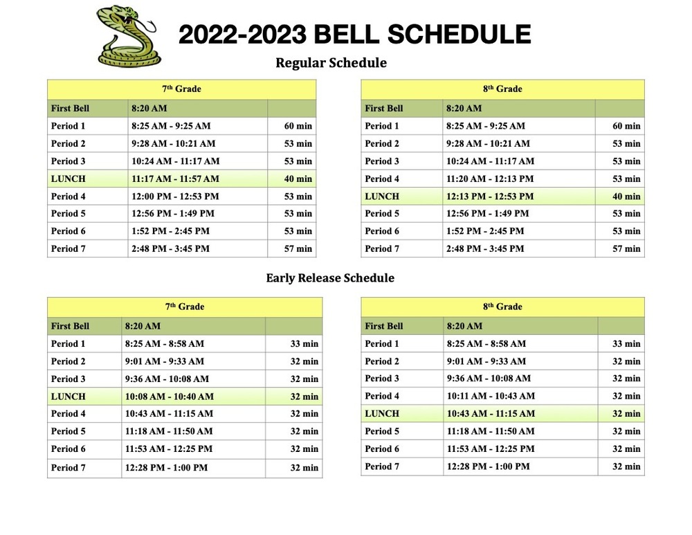 2022-2023 Schol Year Bell Schedule | Somerton Middle School