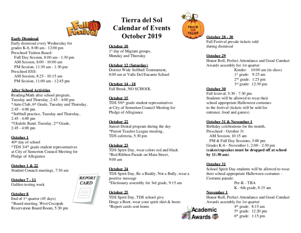 October 2019 Calendar of Events English Tierra Del Sol Elementary