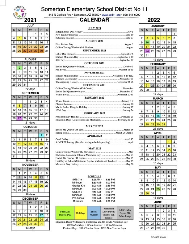 D11 2022 Calendar 2021-2022 School Year Calendar | Somerton Middle School
